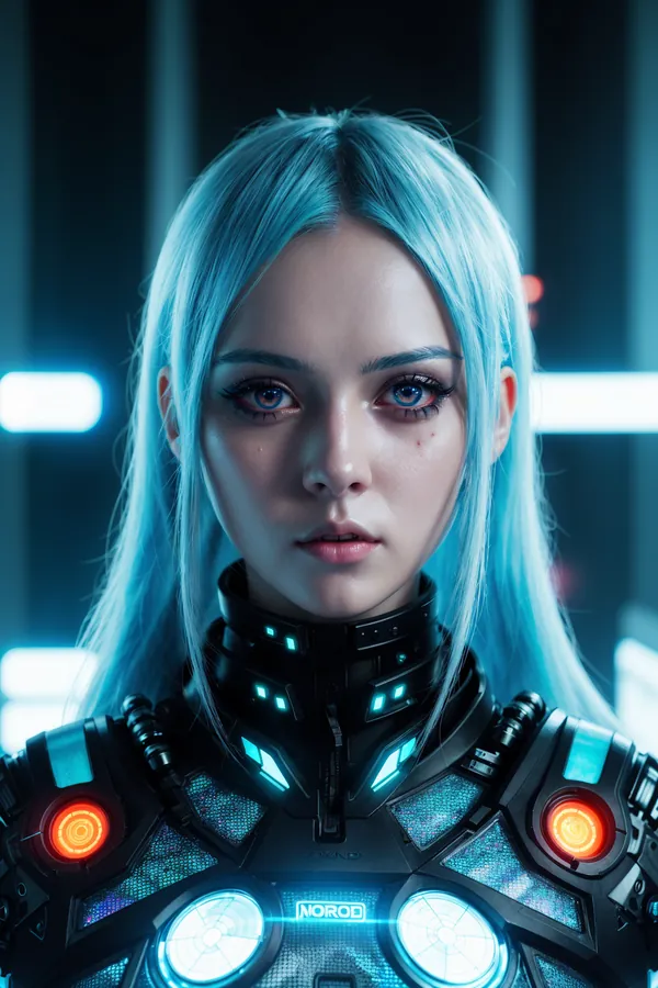 Futuristic Cyberpunk Cyborg Woman with Neon Blue Hair and Glowing Tech Armor in a High-Tech Neon-Lit Environment Emphasizing Mysterious Mood