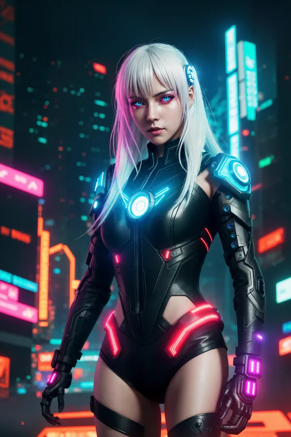 Futuristic Cyberpunk Female Character with Long White Hair and Glowing Neon-Infused Tech Suit Standing in Vibrant Neon-Lit Cityscape at Night with Confident Expression and Dynamic Lighting
