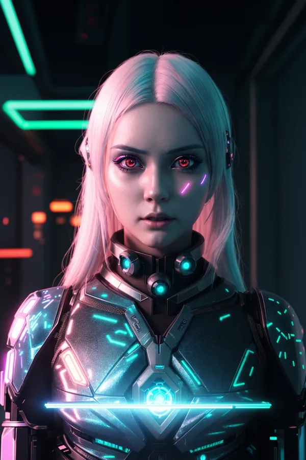 Futuristic Cyberpunk Woman in Neon-Lit Sci-Fi Corridor Wearing Glowing Cybernetic Armor with Red Eyes, Blonde Hair, and Advanced High-Tech Lighting Mood