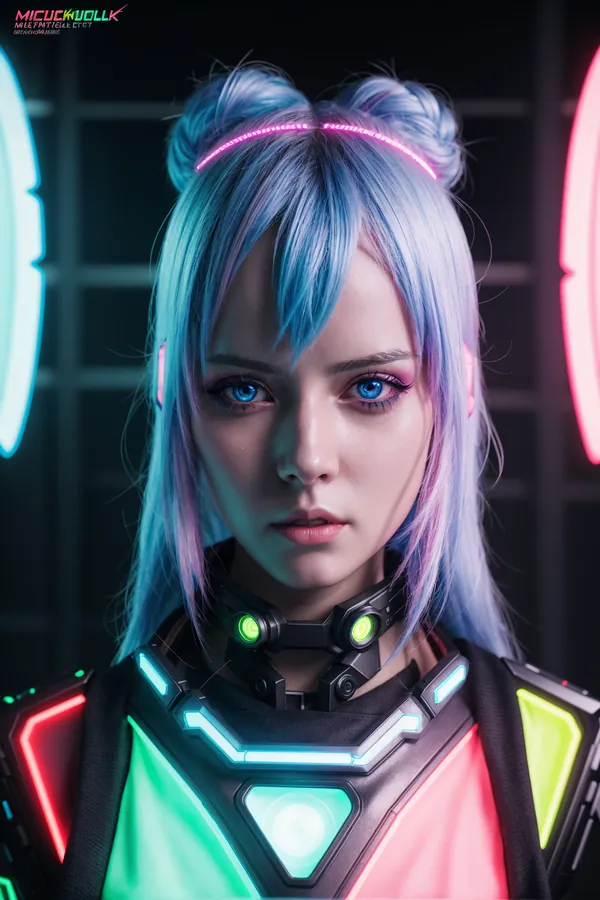 Futuristic Cyberpunk Woman with Electric Blue Hair Styled in Dual Buns, Neon Pink Headband, and Glowing Cybernetic Tech Accessories in a Dark, Neon-Lit Room with Cyan and Pink Lighting Capturing an Intense Sci-Fi Mood