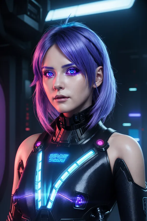 Futuristic Cyberpunk Woman with Glowing Neon Armor Purple Hair in High-Tech Sci-Fi Environment Mood Mysterious Advanced Technology