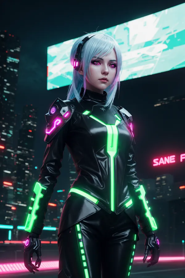 Futuristic Cyberpunk Woman with Light Blue Hair and Neon-Engraved Black Tech Suit Standing in Vibrant Night Cityscape with Neon Lights and Urban Skyline