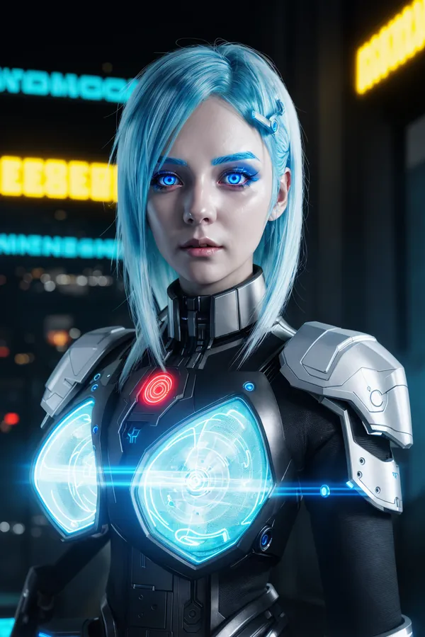 Highly Detailed Cyberpunk Female Character with Electric Blue Hair Glowing Eyes and Advanced Cybernetic Armor Standing in a Neon-Lit Futuristic Cityscape at Night