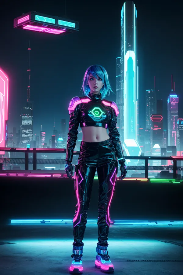 Stylish Cyberpunk Female Character with Blue Neon Hair and Glow-Activated Crop Top Standing in Vibrant Futuristic Cityscape at Night with Neon Lighting
