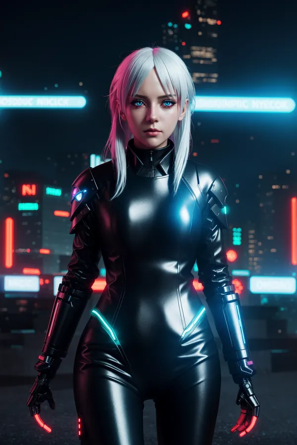 Cyberpunk Female Android with Silver Hair, Black Bodysuit, Glowing Neon Accents in Neon-Lit Urban Night Cityscape: Confident Futuristic Mood