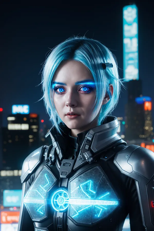 Cyberpunk Female Character with Blue Hair and Futuristic Armor Standing in Neon-Lit Cityscape at Night, Intense Mood with Blue Lighting and Cybernetic Eyes