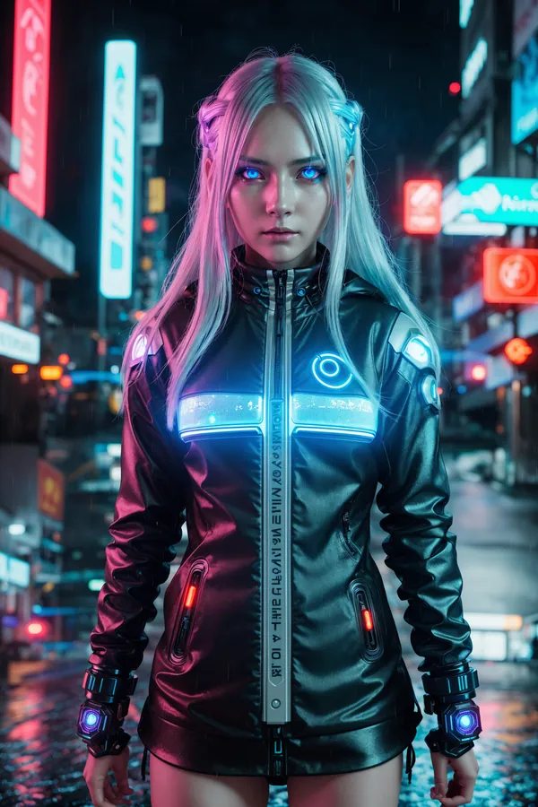 Cyberpunk Female Character with Glowing Blue Eyes and Platinum Blonde Hair in Neon-Lit Rainy City Street at Night, Futuristic Tech Fashion Outfit with LED Lights, Vibrant Neon Lighting Reflections on Wet Pavement, Intense Mysterious Mood