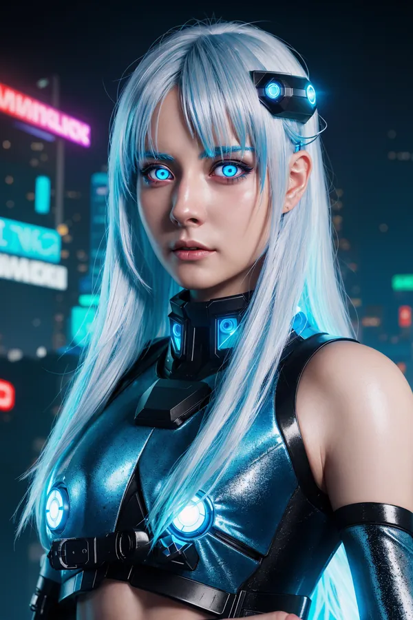 Cyberpunk Female Character with Silver Hair and Glowing Blue Eyes in Futuristic Armor Amidst Neon-Lit Cityscape, Cinematic Nighttime Lighting and Confident Mood