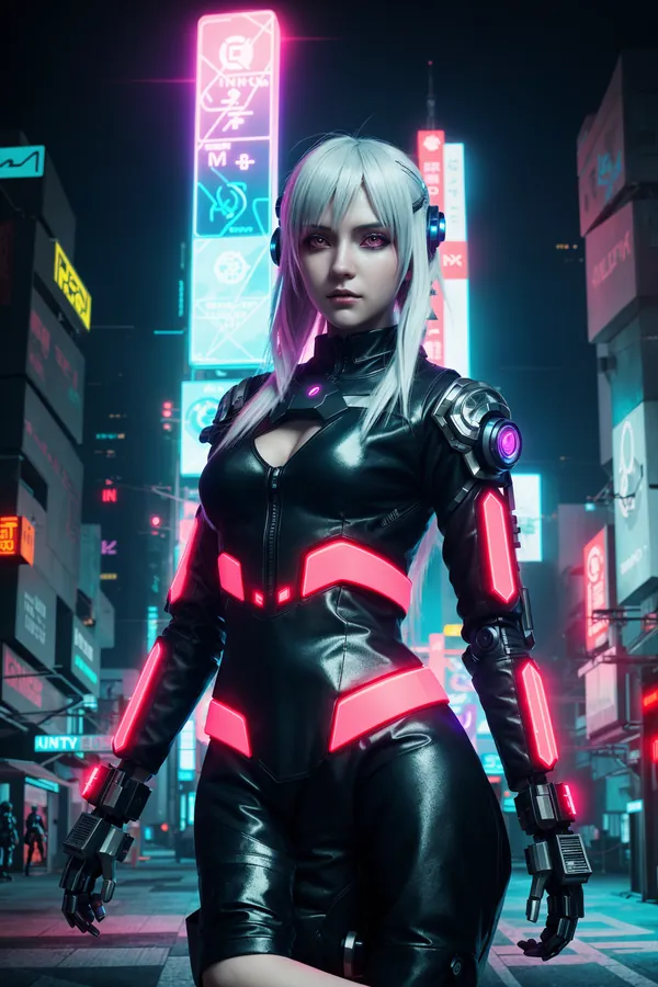 Cyberpunk Neon Night City Scene: Silver-Haired Female Character in Futuristic Black and Red Cybernetic Armor Amidst Glowing Neon Signs and Urban Landscape