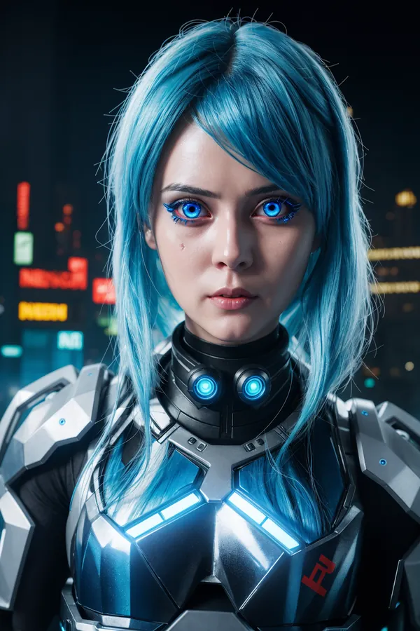 Cyberpunk Woman with Blue Hair and Glowing Eyes in Futuristic Cityscape, Neon-Lit Cybernetic Armor, Dynamic Lighting, Confident Mood