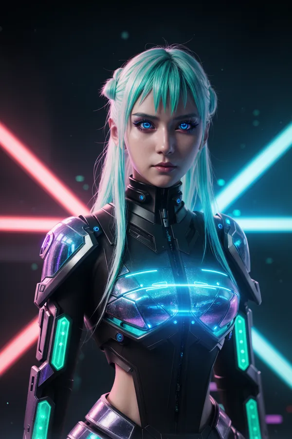Futuristic Cybernetic Female Character with Teal Hair and Neon-Lit Armor in Dark Sci-Fi Environment with Vibrant Lighting Mood