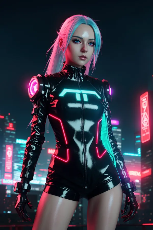 Futuristic Cyberpunk Character with Neon-Lit Blue Hair and High-Tech Bodysuit Standing in a Vibrant Neon Cityscape at Night Exuding Confident Cybernetic Style