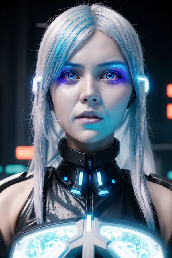 Futuristic Cyberpunk Female Character with Glowing Blue Cybernetic Enhancements, Silver Hair with Blue Streaks and Neon-Lit Tech Armor in a Dark High-Tech Environment with Intense Mood Lighting