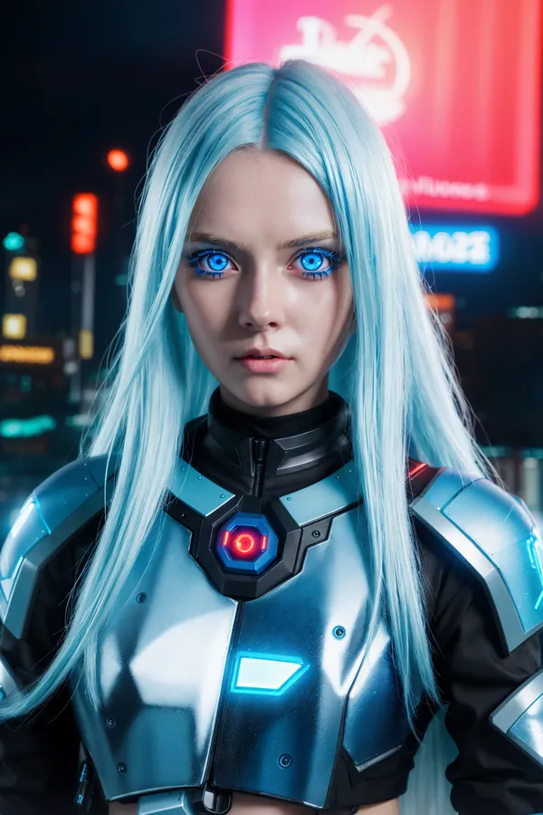 Futuristic Cyberpunk Female Character with Light Blue Long Hair and Glowing Blue Eyes Wearing Advanced Metallic Armor with Red and Blue Light Accents in a Neon-Lit Cityscape at Night, Vibrant Neon Lighting, Intense Mood