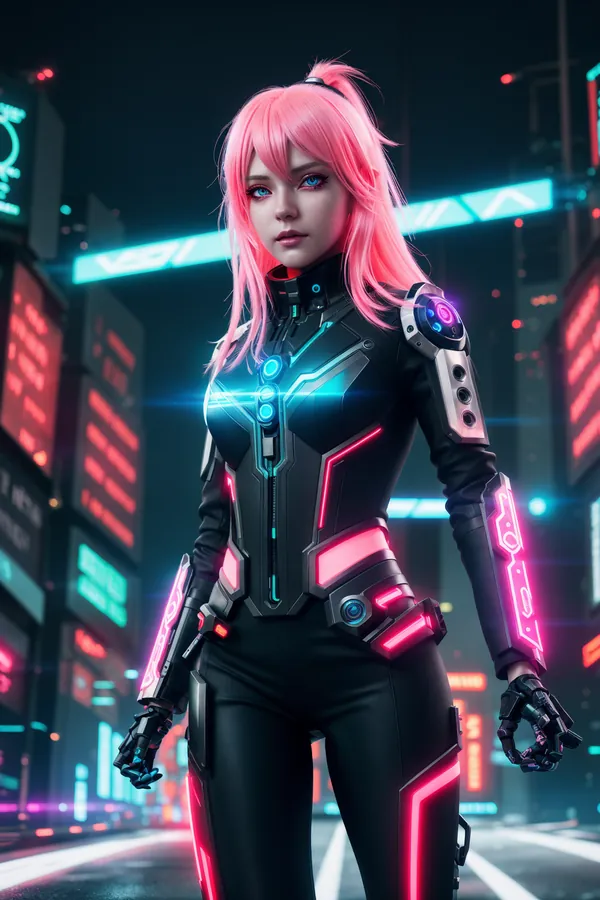 Futuristic Cyberpunk Woman with Pink Hair and Neon-Lit Cybernetic Suit Standing in Vibrant Neon Cityscape at Night with Dynamic Lighting