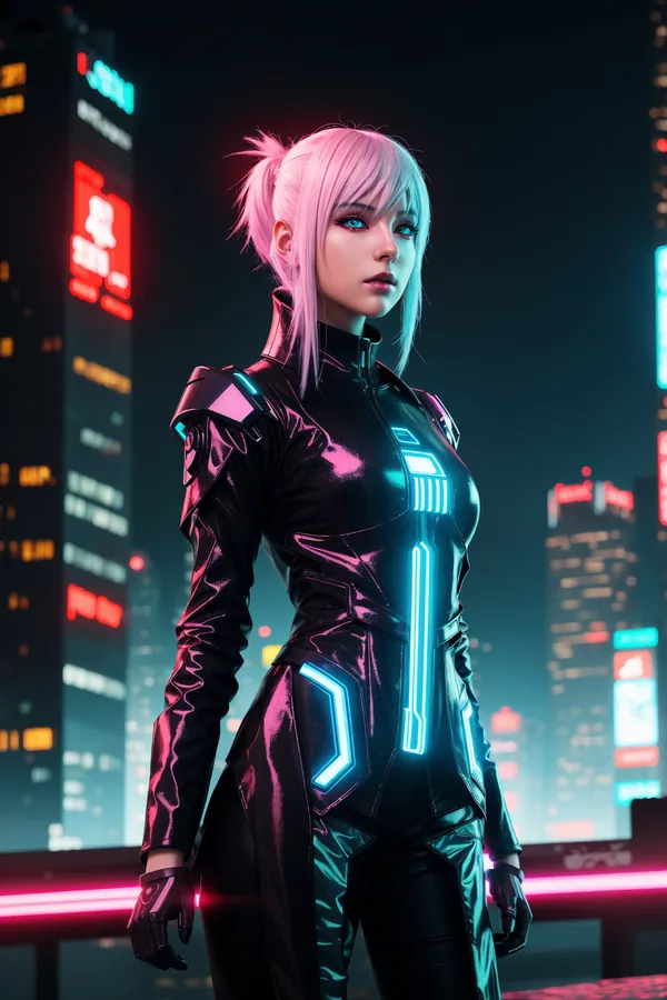Platinum Blonde Cyberpunk Character in Neon-Lit Futuristic Outfit Standing on a Vibrant Night Cityscape with Confident Mood