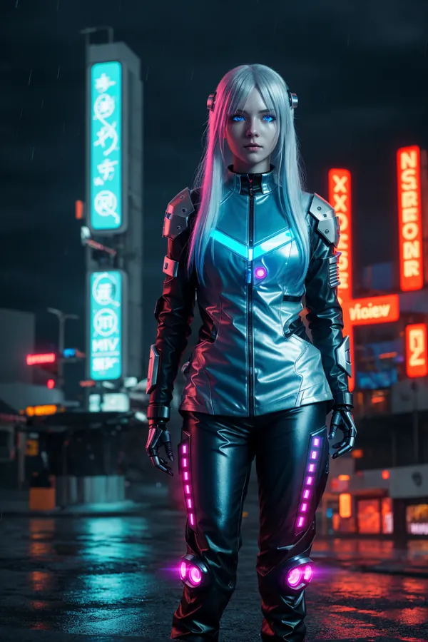 Stylish Cyberpunk Female Character in Metallic Suit with Neon Accents Standing on Rainy Urban Street at Night, Illuminated by Glowing Neon Signs and Holographic Displays, Capturing a Futuristic, Atmospheric Mood with Wet Pavement Reflections
