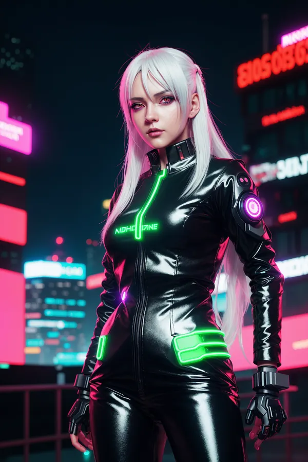 Cyberpunk female character with silver hair and black neon-lit suit stands in vibrant night cityscape with glowing neon signs and confident mood