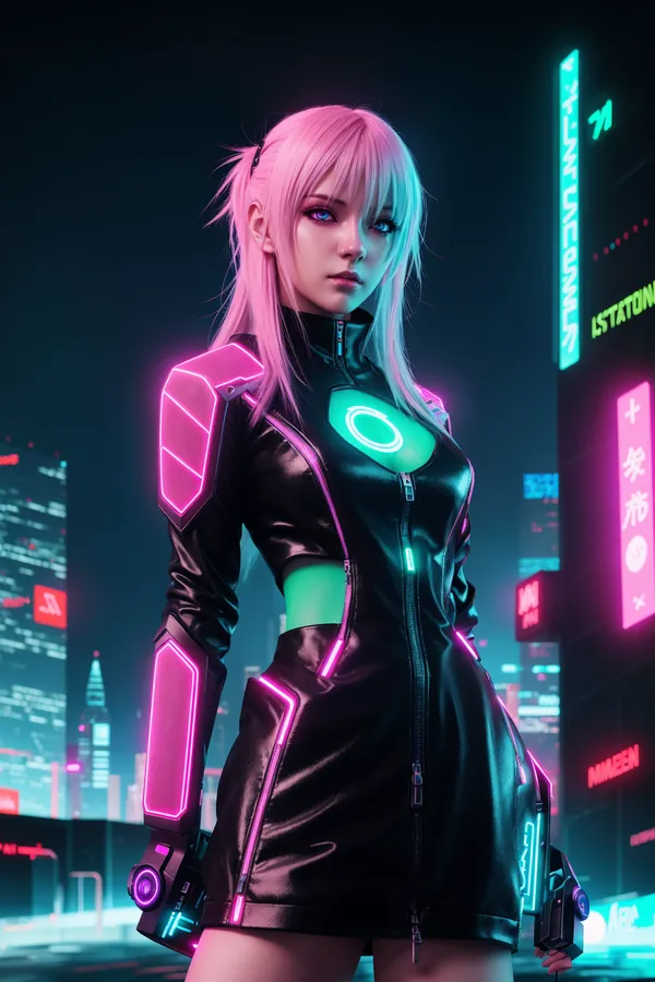 Cyberpunk Futuristic Female Character with Pink Neon-Lit Black Leather Outfit, Green Circular Chest Accent, and Vibrant Neon Cityscape Background at Night with Confident Edgy Mood