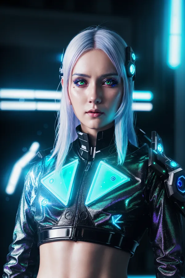 Cyberpunk Futuristic Female Character with Silver Hair and Glowing Neon Triangular Outfit Details in High-Tech Neon-Lit Background, Sci-Fi Mood