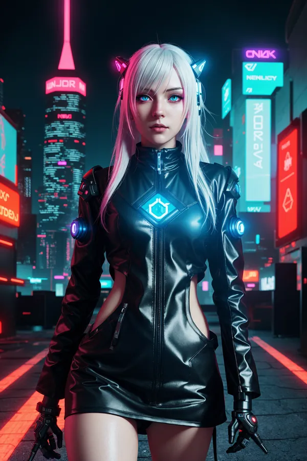 Cyberpunk Neon Cityscape Digital Art: Confident Silver-Haired Woman in High-Tech Leather Outfit with Glowing Blue Chest Emblem and Futuristic Arm Accessories Amidst Illuminated Skyscrapers and Neon Signs