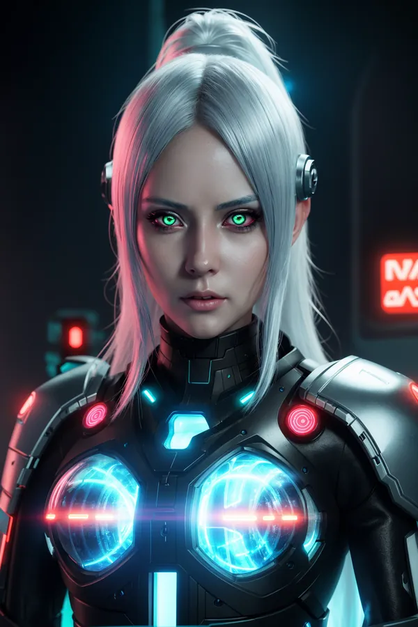 Futuristic Cybernetic Female Character with Silver Hair, Glowing Neon Blue and Red Lights on High-Tech Armor, Set in Dark Cyberpunk Environment with Intense Mood