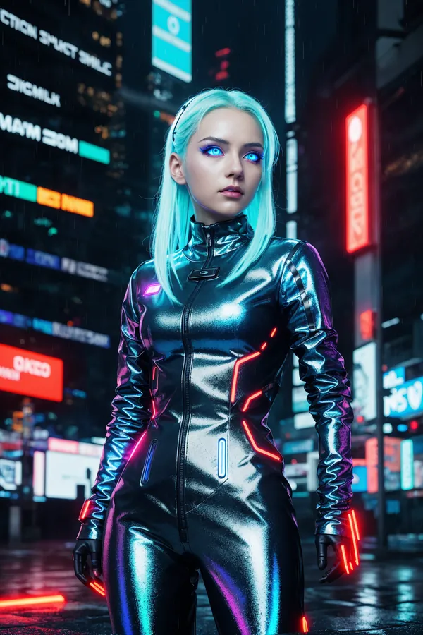 Futuristic Cyberpunk Woman with Light Blue Hair and Neon-Lit Metallic Suit Standing in Rainy, Neon-Drenched Cityscape at Night with Vibrant Digital Billboards