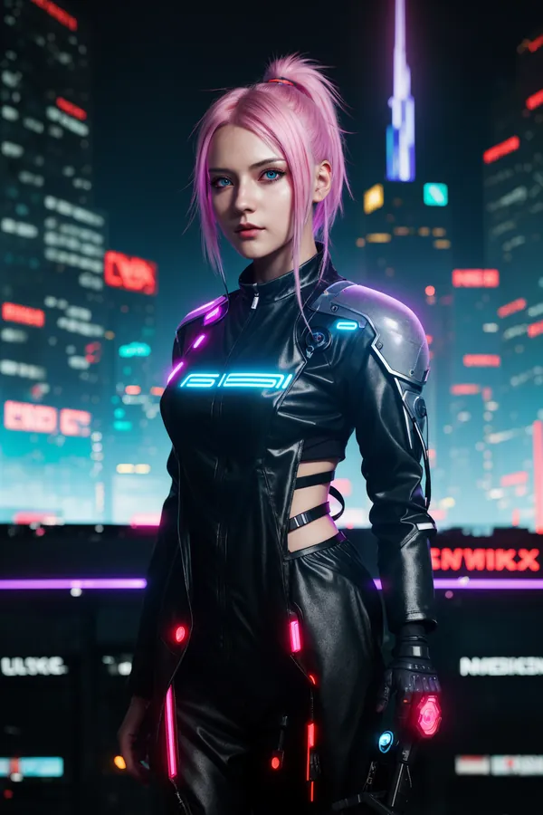 Pink-Haired Cyberpunk Female Character in Futuristic Neon Cityscape with Glowing Tech Armor and Intense Gaze - Cyberpunk Aesthetic Lighting Mood