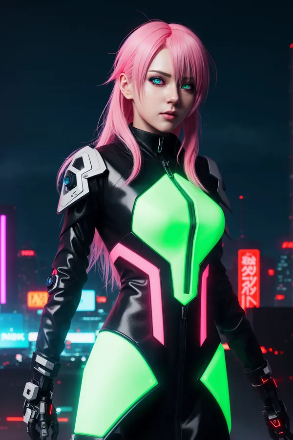 Sleek Cyberpunk Female Character with Pink Hair and Neon-Lit Futuristic Outfit in Vibrant Night Cityscape