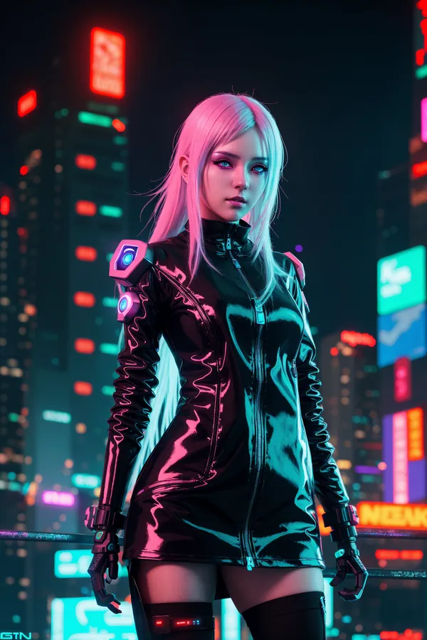 Stylish Cyberpunk Woman with Neon-Lit Cityscape Background: Pink-Haired Futuristic Fashion, Synthwave Lighting, Confident Dystopian Mood in High-Tech Urban Night Scene