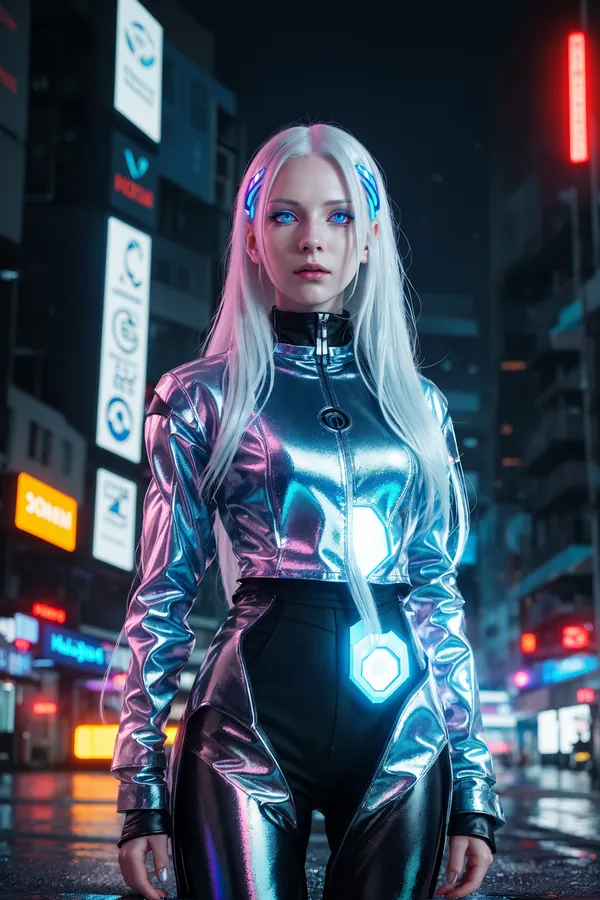 Ultra-Realistic Cyberpunk Female Character in Metallic Silver Futuristic Bodysuit with Glowing Blue Hexagonal LED Panels Standing on Rainy Urban Street Under Neon Lights and Digital Billboards