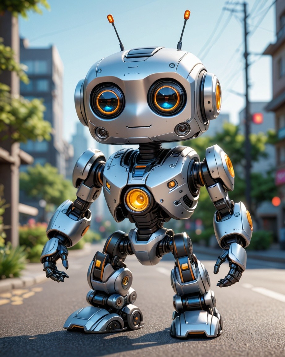 Friendly metallic 3D-rendered robot with large glowing blue and yellow eyes standing on sunny urban street featuring futuristic design and detailed mechanical textures