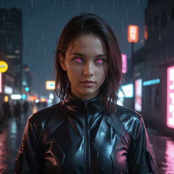 Rain-Soaked Cybernetic Gaze