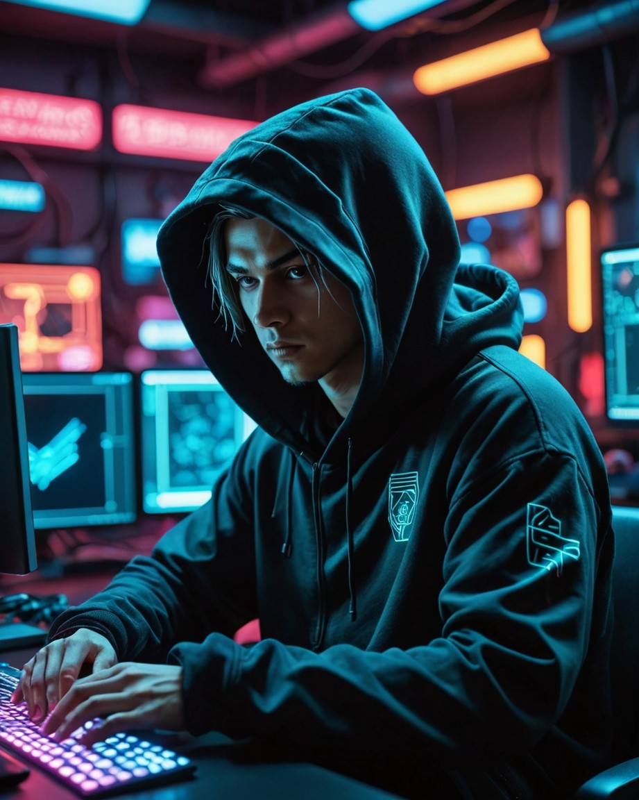 Neon Hooded Hacker