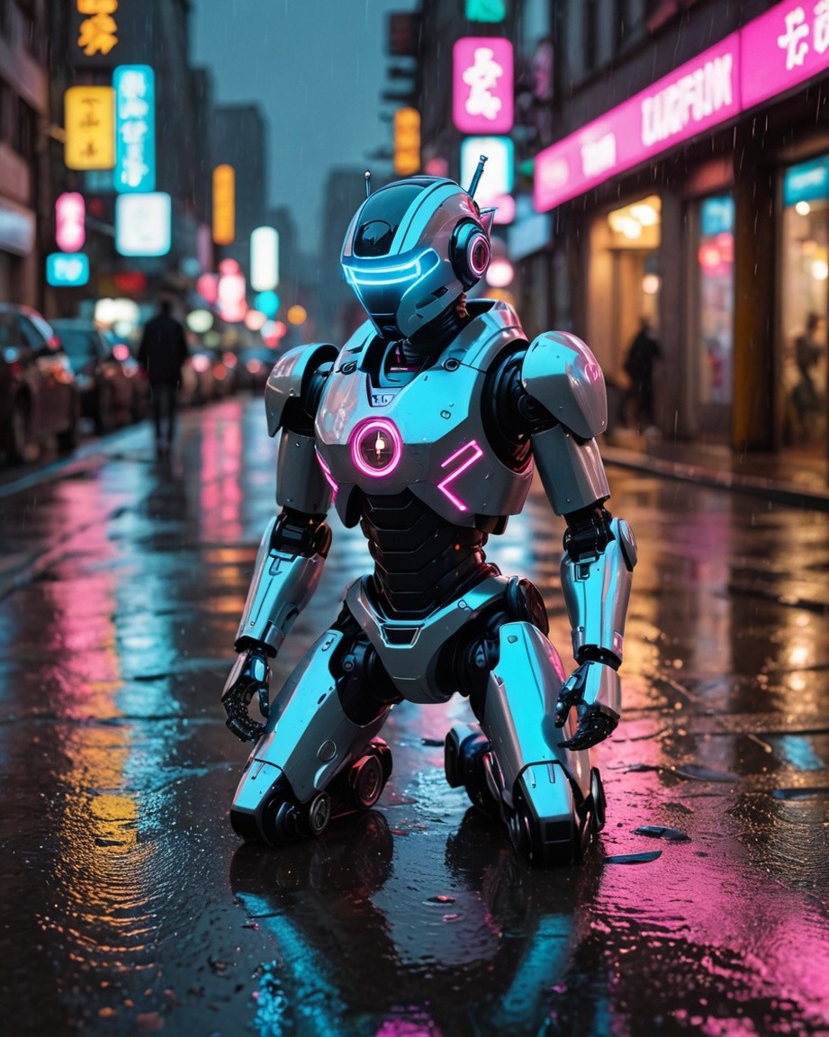Neon Rain Kneeling Robot