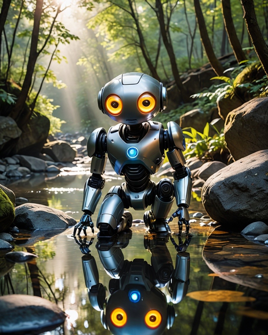 Glowing Eyes Robot in Sunlit Stream
