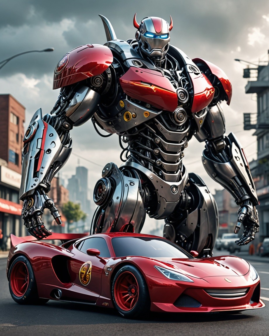 Gigantic Robot Over Crimson Sports Car
