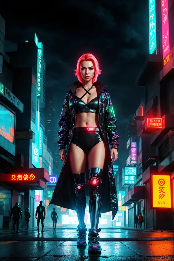 Cyberpunk Night Scene in Neon-Lit City with Pink-Haired Female Character Wearing Black Leather Outfit, Cybernetic Legs, and Long Coat Amidst Rainy Streets and Glowing Billboards