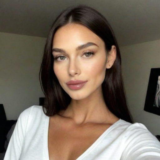 Photorealistic portrait of a woman with long brown hair, wearing a white V-neck top, soft makeup, in a minimalist indoor setting with neutral tones, exuding elegance and confidence