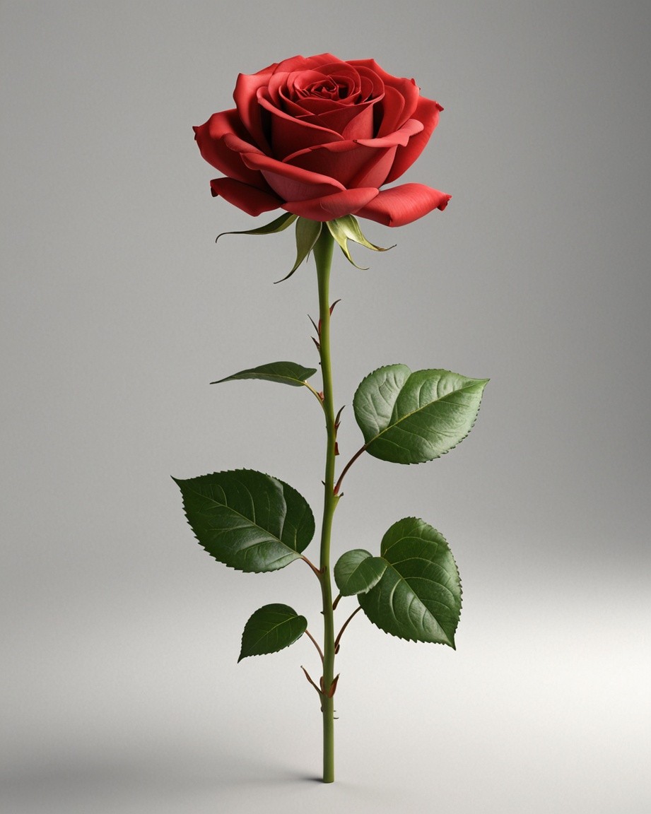 Photorealistic single red rose with vibrant green leaves and stem displayed against a soft gray background, ideal for elegant floral photography and romantic artistic compositions