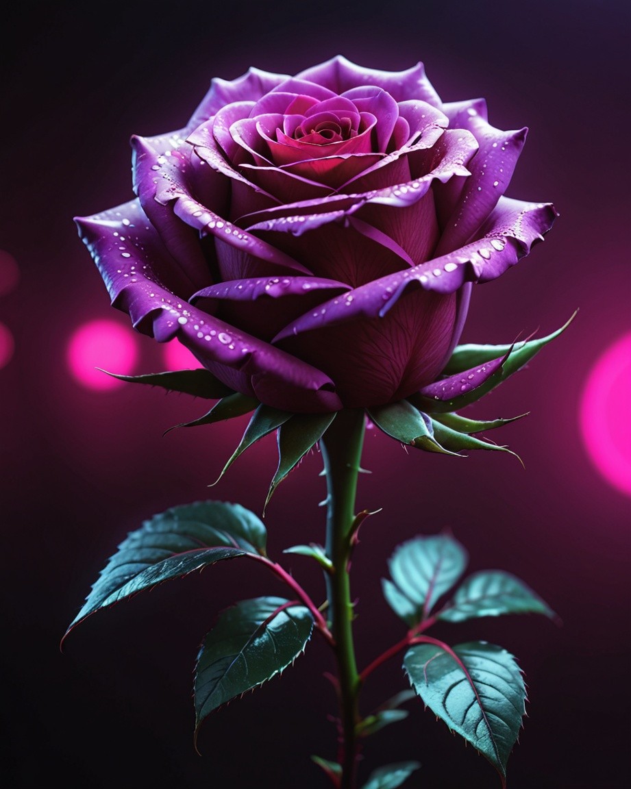 Close-Up Photograph of a Vibrant Purple Rose with Dew Drops on Petals, Neon Pink Background, High-Contrast Lighting, Elegant and Mysterious Floral Photography