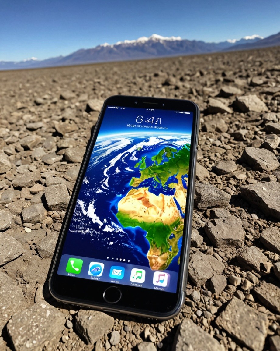 Smartphone Displaying Earth View Wallpaper on Rocky Desert Terrain with Snow-Capped Mountains in the Background | Outdoor Technology Photography Scene