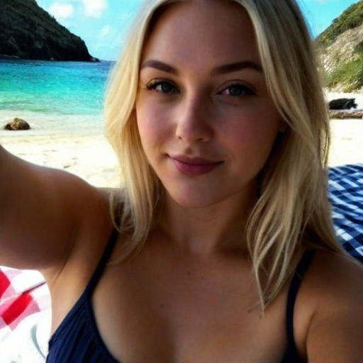 Blonde woman taking a selfie on a sunny beach with turquoise water, rocky cliffs, and checkered towels, capturing a vibrant summer vacation mood in a photorealistic photograph
