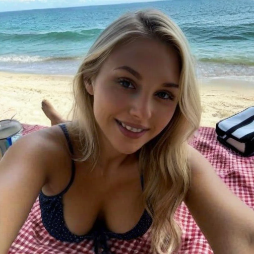 Sunny Beach Day Portrait of Woman in Blue Polka Dot Bikini Top Relaxing on Red Checkered Blanket by the Ocean Shoreline