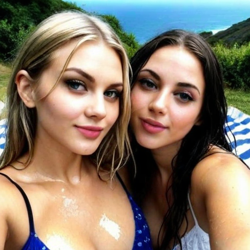 Two women in blue and white swimwear taking a selfie at a scenic beach with lush green hills and ocean view, summery mood, photorealistic portrait capturing natural beauty and friendly companionship