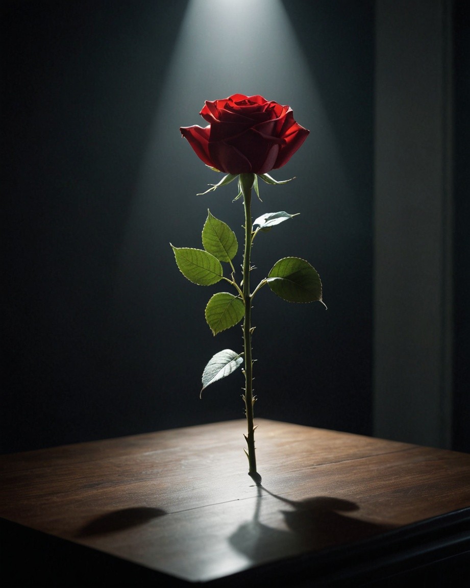 Dramatically Lit Single Red Rose on Wooden Surface with Shadow Effect Photography Art for Dark Ambience and Romantic Mood