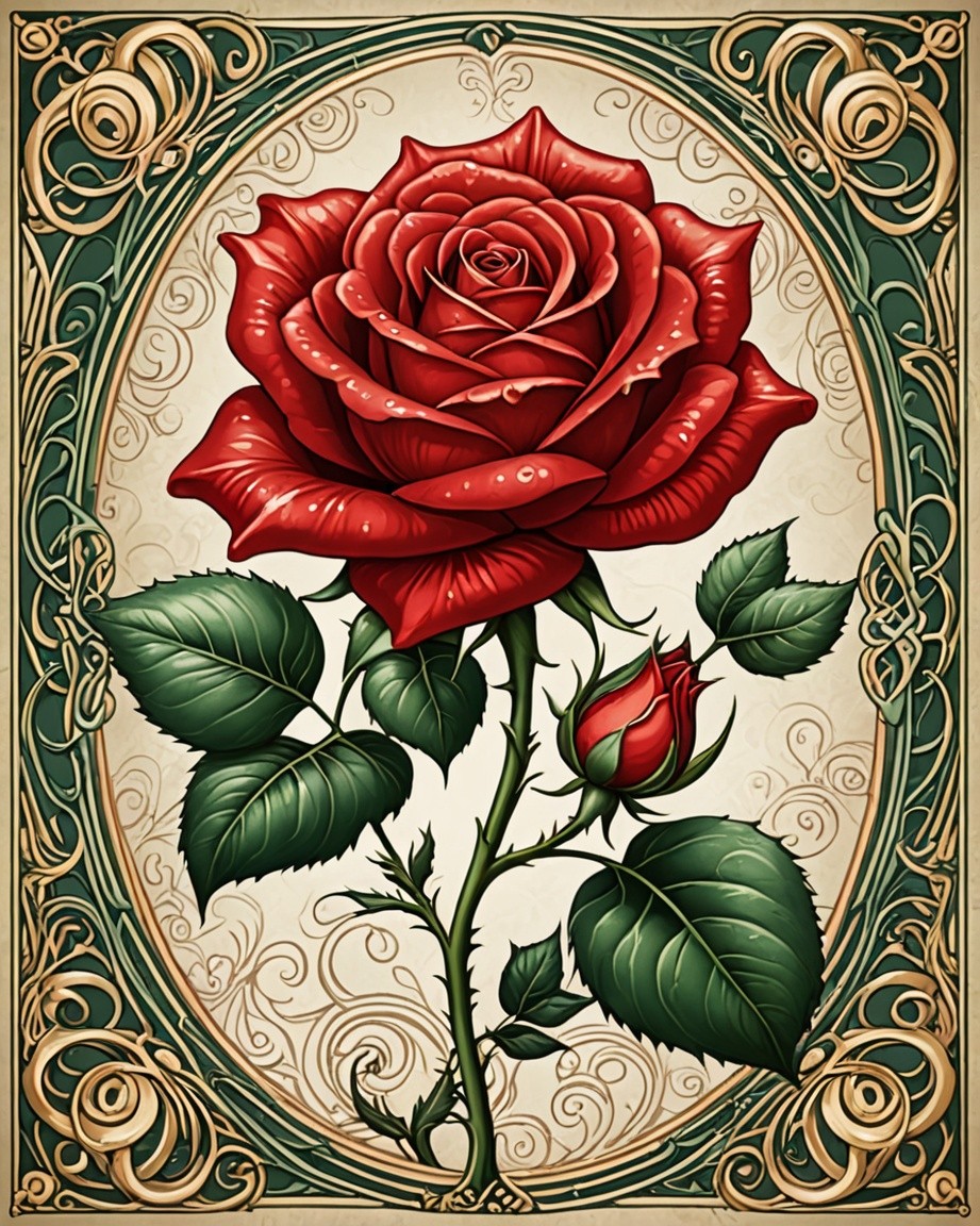 Elegant Red Rose Digital Painting with Intricate Vintage Green and Gold Ornate Frame, Soft Swirl Background, Classic Floral Art Ideal for Wedding Invitations and Romantic Decor