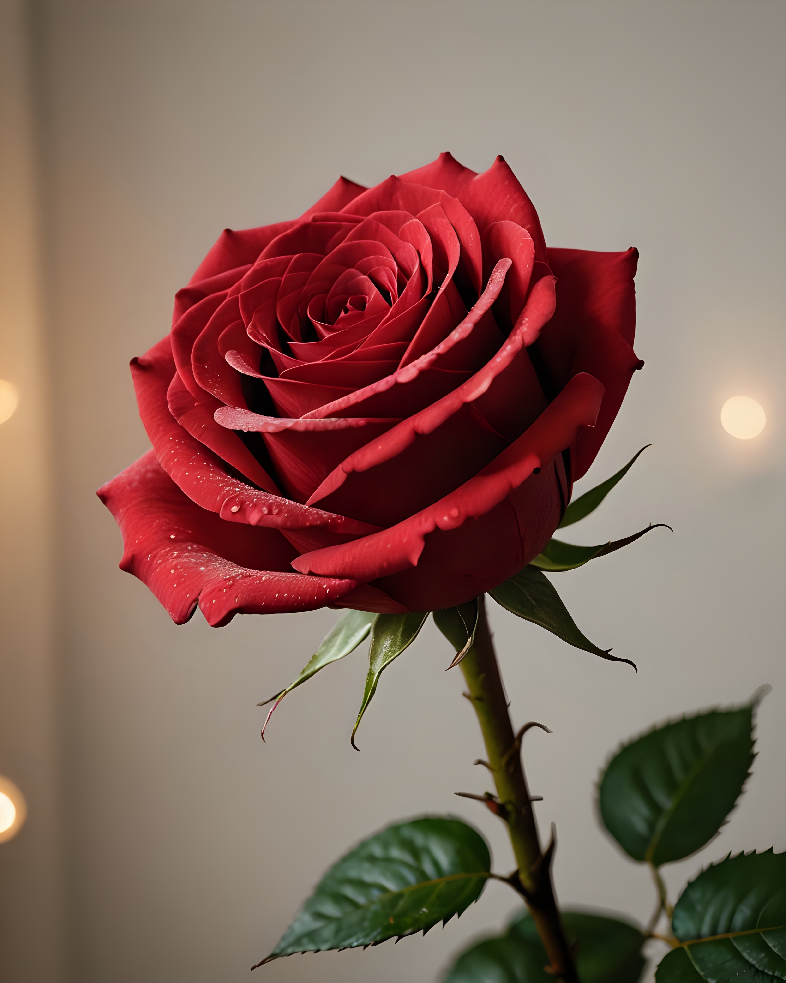 Photorealistic Close-Up of a Stunning Red Rose with Fresh Water Droplets, Soft Lighting Background, and Lush Green Leaves, Perfect for Romantic and Nature Photography