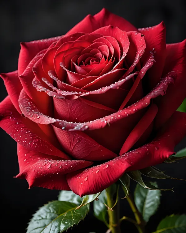 Dewy Crimson Rose in Focus
