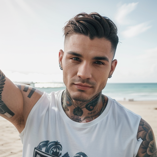 Sunny Beach Portrait of Handsome Man with Full Arm Tattoos, Modern Stylish Haircut, White Tank Top, Coastal Background, Vibrant Summer Mood Photography